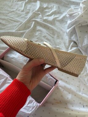 Embellished Cream Mesh Ballet Flat with Cross Strap